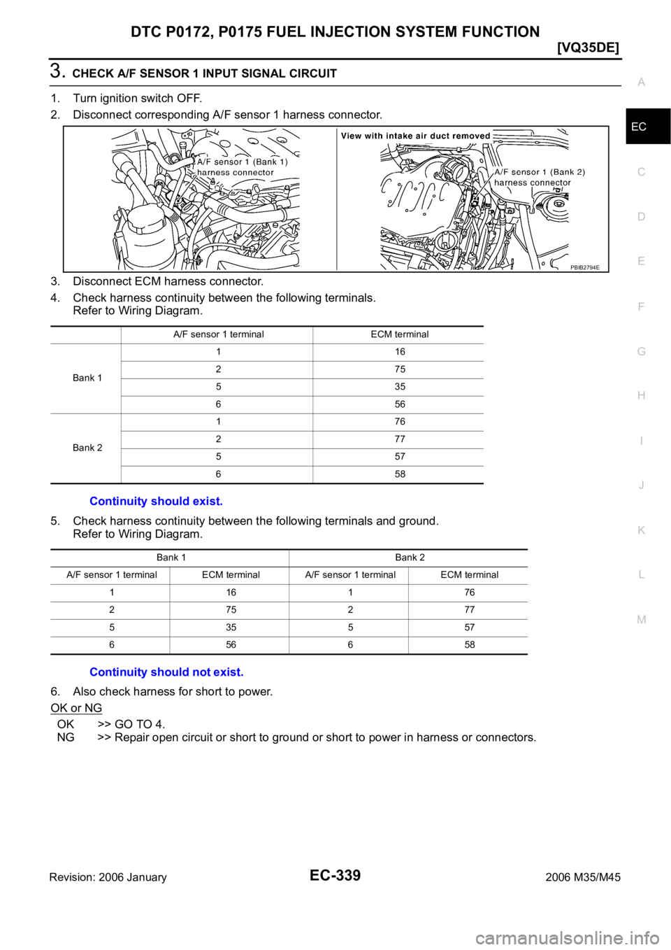 INFINITI M35 2006  Factory Service Manual DTC P0172, P0175 FUEL INJECTION SYSTEM FUNCTION
EC-339
[VQ35DE]
C
D
E
F
G
H
I
J
K
L
MA
EC
Revision: 2006 January2006 M35/M45
3. CHECK A/F SENSOR 1 INPUT SIGNAL CIRCUIT
1. Turn ignition switch OFF.
2. 