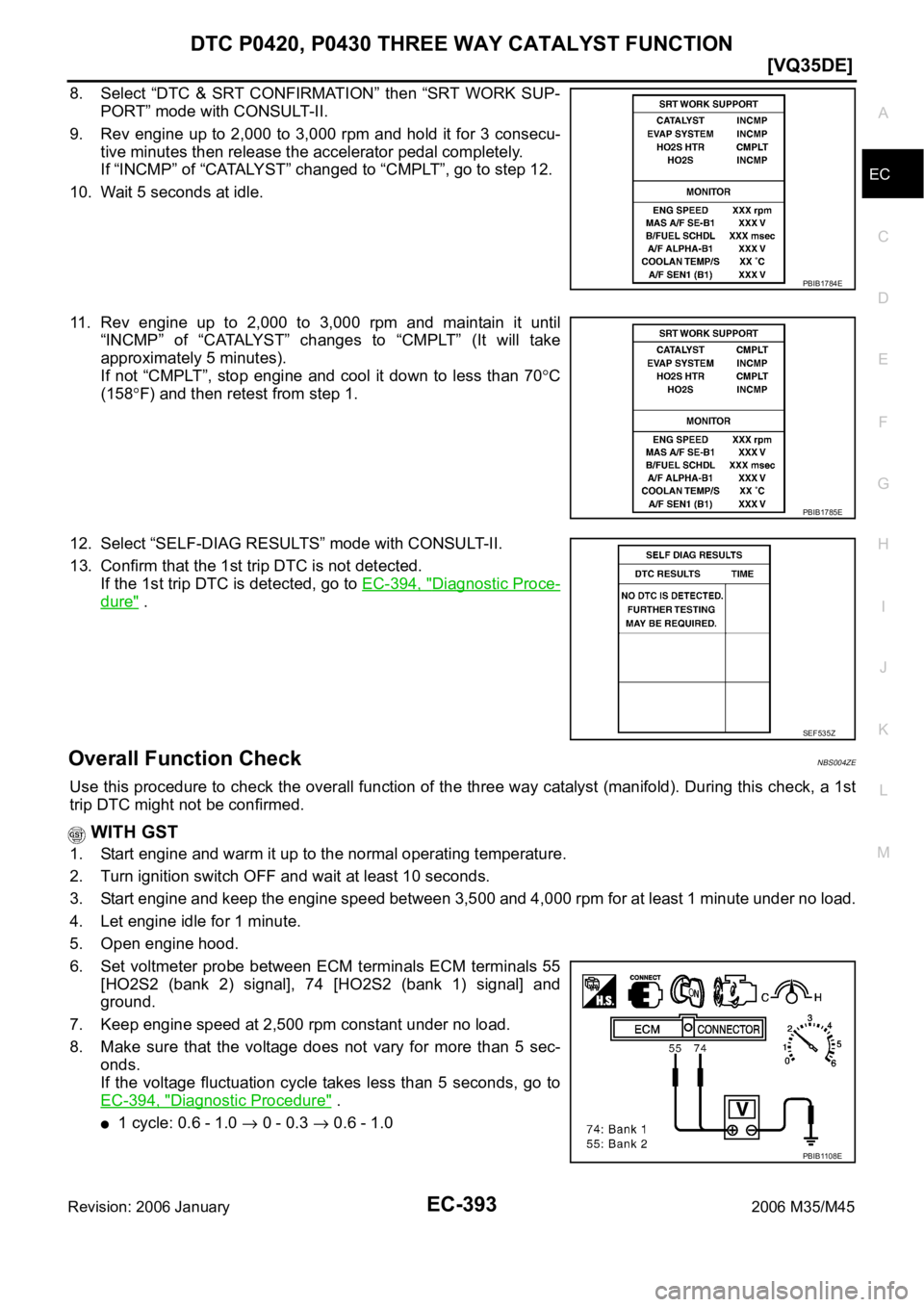 INFINITI M35 2006  Factory Service Manual DTC P0420, P0430 THREE WAY CATALYST FUNCTION
EC-393
[VQ35DE]
C
D
E
F
G
H
I
J
K
L
MA
EC
Revision: 2006 January2006 M35/M45
8. Select “DTC  &  SRT  CONFIRMATION”  then “SRT  WORK  SUP-
PORT” mod