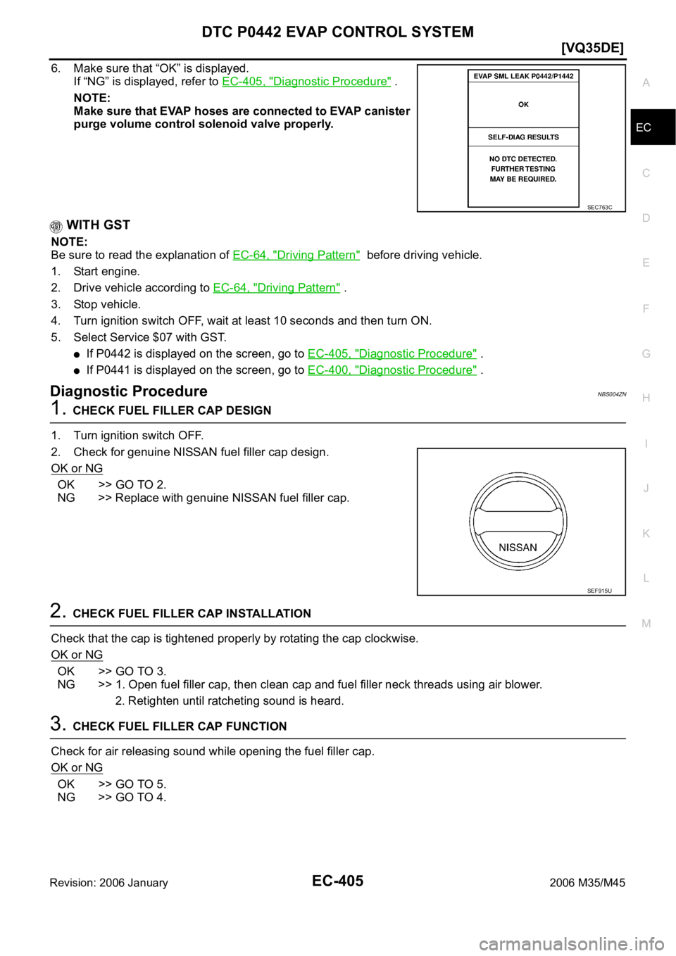 INFINITI M35 2006  Factory Service Manual DTC P0442 EVAP CONTROL SYSTEM
EC-405
[VQ35DE]
C
D
E
F
G
H
I
J
K
L
MA
EC
Revision: 2006 January2006 M35/M45
6. Make sure that “OK” is displayed.
If “NG” is displayed, refer to EC-405, "
Dia