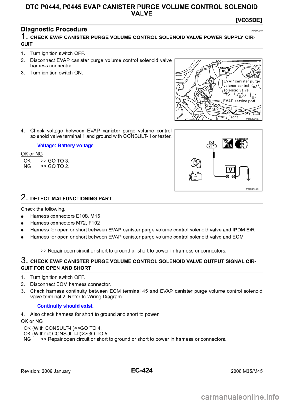 INFINITI M35 2006  Factory Service Manual EC-424
[VQ35DE]
DTC P0444, P0445 EVAP CANISTER PURGE VOLUME CONTROL SOLENOID 
VALVE
Revision: 2006 January2006 M35/M45
Diagnostic ProcedureNBS00501
1. CHECK EVAP CANISTER PURGE VOLUME CONTROL SOLENOID