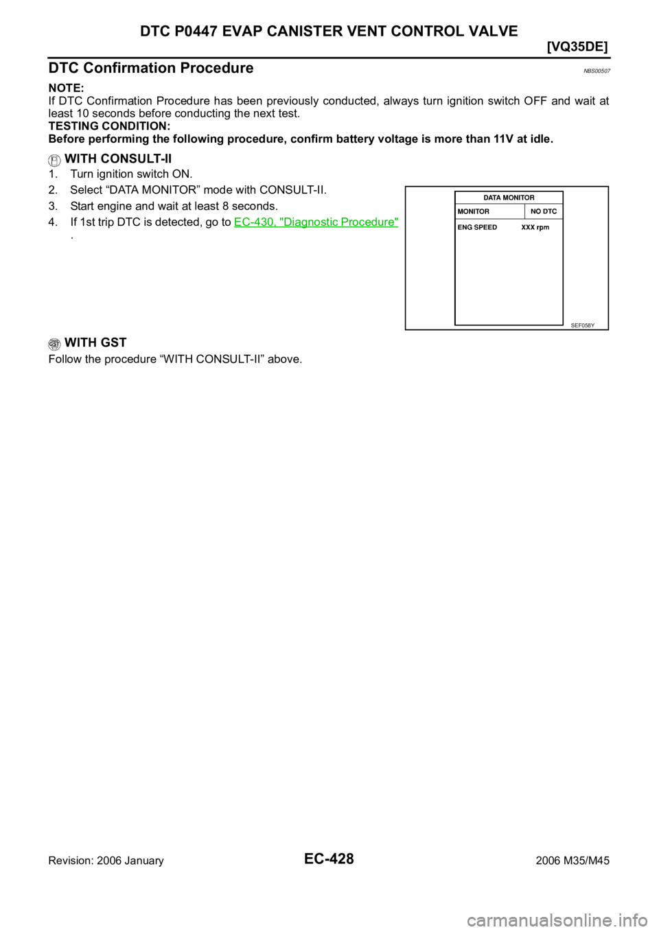 INFINITI M35 2006  Factory Service Manual EC-428
[VQ35DE]
DTC P0447 EVAP CANISTER VENT CONTROL VALVE
Revision: 2006 January2006 M35/M45
DTC Confirmation ProcedureNBS00507
NOTE:
If  DTC  Confirmation  Procedure  has  been  previously  conducte