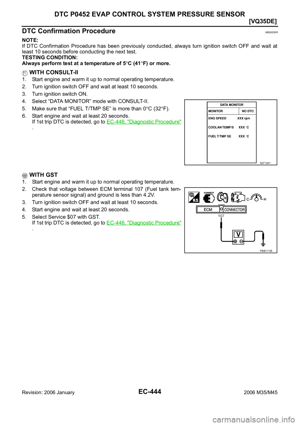 INFINITI M35 2006  Factory Service Manual EC-444
[VQ35DE]
DTC P0452 EVAP CONTROL SYSTEM PRESSURE SENSOR
Revision: 2006 January2006 M35/M45
DTC Confirmation ProcedureNBS0050R
NOTE:
If  DTC  Confirmation  Procedure  has  been  previously  condu