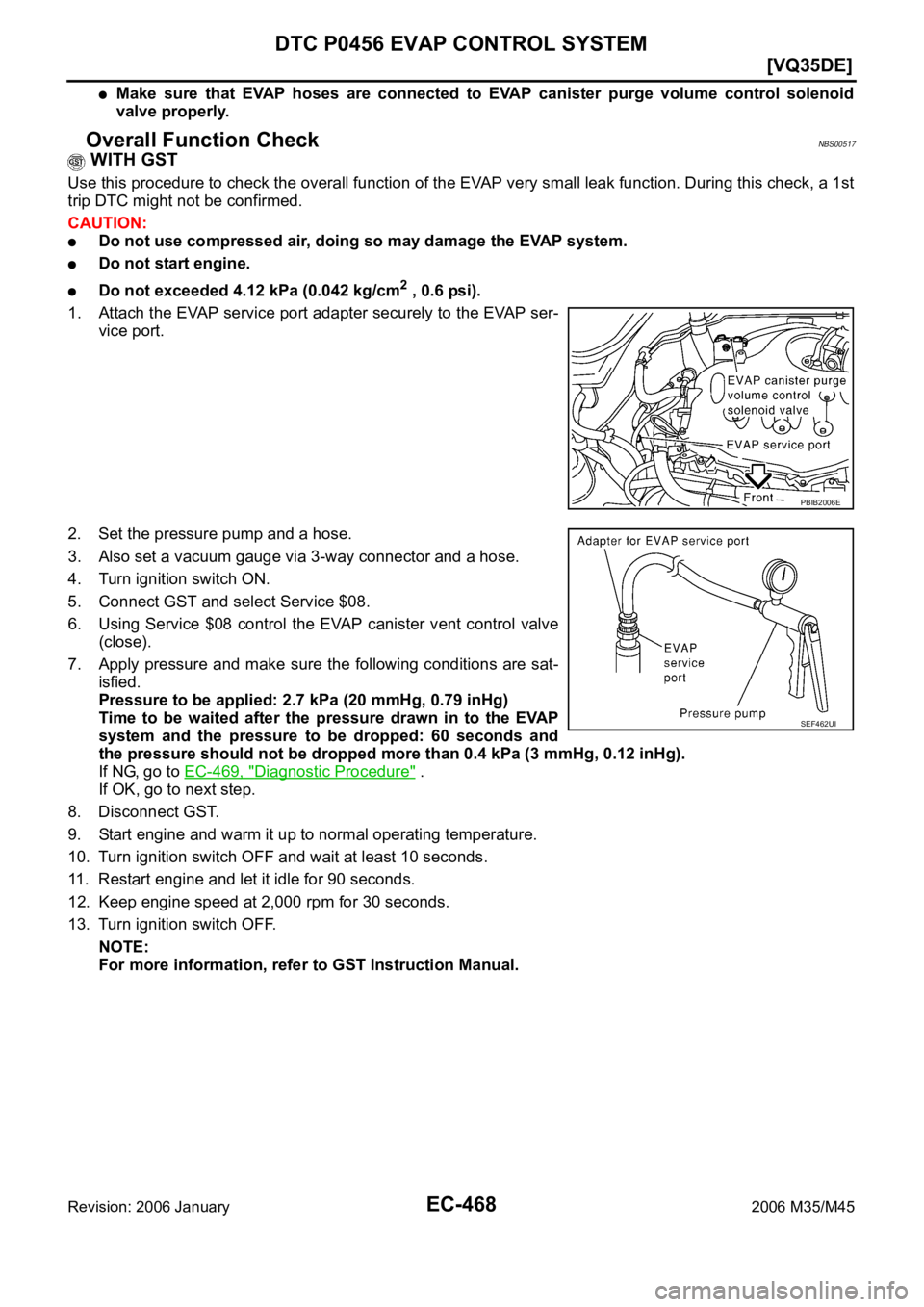 INFINITI M35 2006  Factory Service Manual EC-468
[VQ35DE]
DTC P0456 EVAP CONTROL SYSTEM
Revision: 2006 January2006 M35/M45
Make  sure  that  EVAP  hoses  are  connected  to  EVAP  canister  purge volume control solenoid
valve properly.
Overal