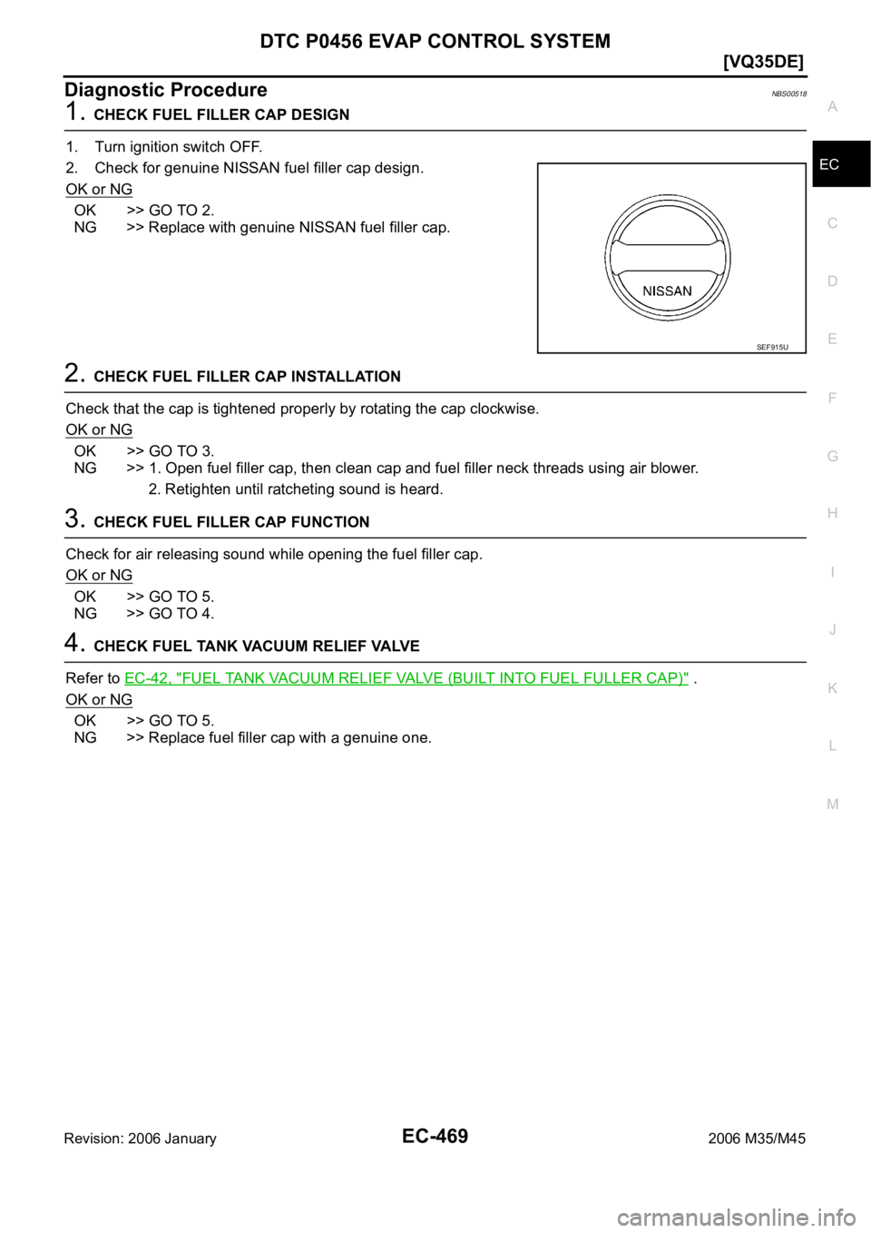 INFINITI M35 2006  Factory Service Manual DTC P0456 EVAP CONTROL SYSTEM
EC-469
[VQ35DE]
C
D
E
F
G
H
I
J
K
L
MA
EC
Revision: 2006 January2006 M35/M45
Diagnostic ProcedureNBS00518
1. CHECK FUEL FILLER CAP DESIGN
1. Turn ignition switch OFF.
2. 