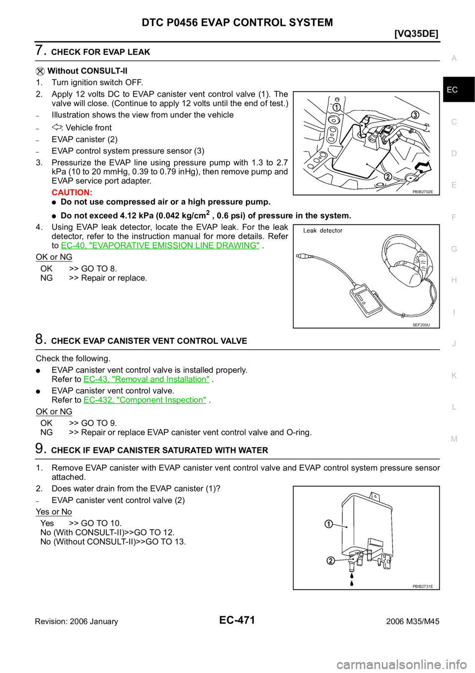 INFINITI M35 2006  Factory Service Manual DTC P0456 EVAP CONTROL SYSTEM
EC-471
[VQ35DE]
C
D
E
F
G
H
I
J
K
L
MA
EC
Revision: 2006 January2006 M35/M45
7. CHECK FOR EVAP LEAK
 Without CONSULT-II
1. Turn ignition switch OFF.
2. Apply  12  volts  