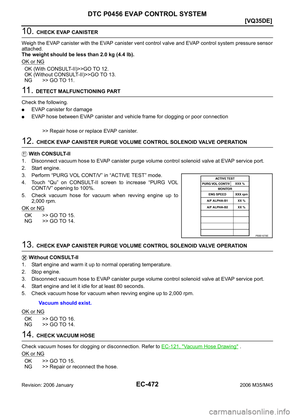 INFINITI M35 2006  Factory Service Manual EC-472
[VQ35DE]
DTC P0456 EVAP CONTROL SYSTEM
Revision: 2006 January2006 M35/M45
10. CHECK EVAP CANISTER
Weigh the EVAP canister with the EVAP canister vent control valve and EVAP control system press