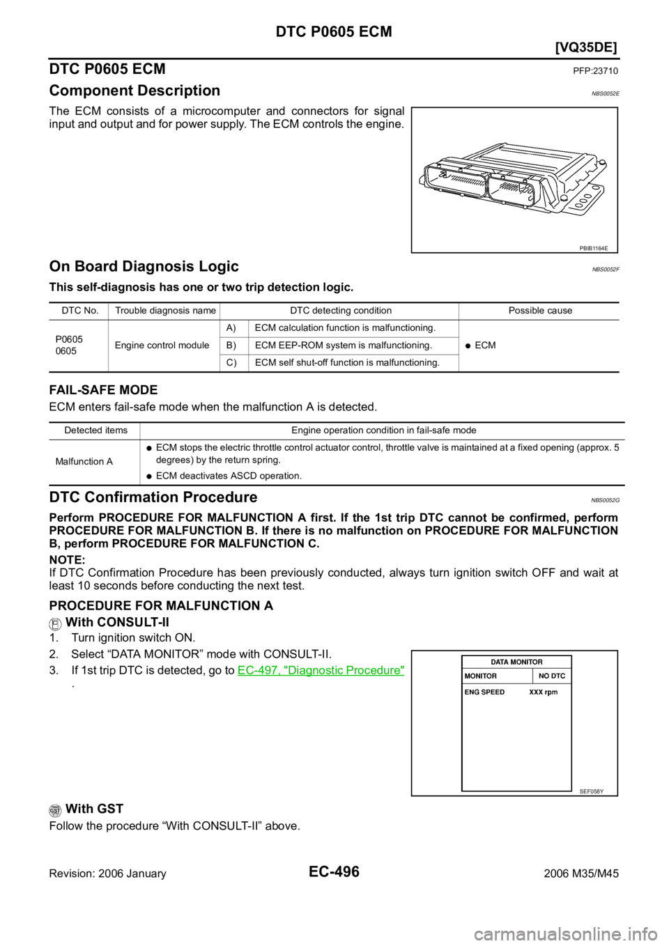 INFINITI M35 2006  Factory Service Manual EC-496
[VQ35DE]
DTC P0605 ECM
Revision: 2006 January2006 M35/M45
DTC P0605 ECMPFP:23710
Component DescriptionNBS0052E
The  ECM  consists  of  a  microcomputer  and  connectors  for  signal
input and o