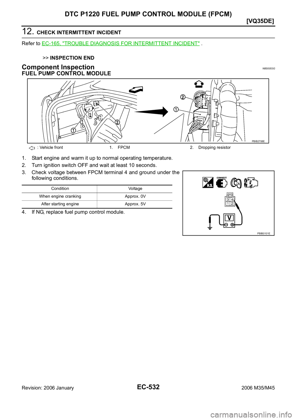 INFINITI M35 2006  Factory Service Manual EC-532
[VQ35DE]
DTC P1220 FUEL PUMP CONTROL MODULE (FPCM)
Revision: 2006 January2006 M35/M45
12. CHECK INTERMITTENT INCIDENT
Refer to EC-165, "
TROUBLE DIAGNOSIS FOR INTERMITTENT INCIDENT" .
>