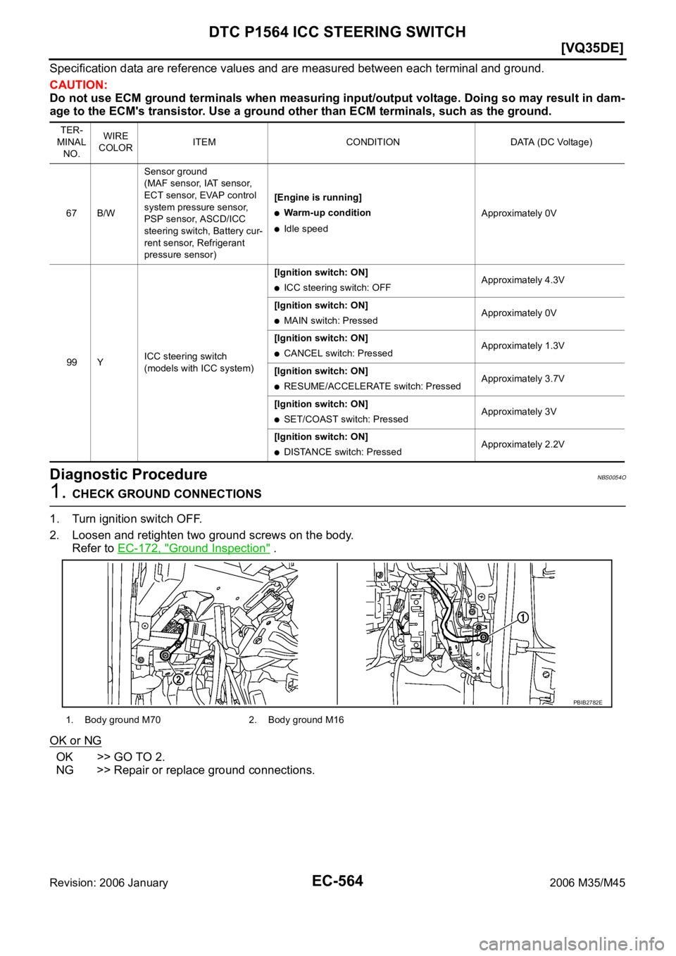 INFINITI M35 2006  Factory Service Manual EC-564
[VQ35DE]
DTC P1564 ICC STEERING SWITCH
Revision: 2006 January2006 M35/M45
Specification data are reference values and are measured between each terminal and ground.
CAUTION:
Do not use ECM grou