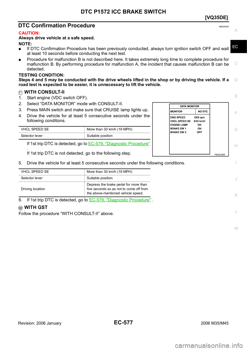 INFINITI M35 2006  Factory Service Manual DTC P1572 ICC BRAKE SWITCH
EC-577
[VQ35DE]
C
D
E
F
G
H
I
J
K
L
MA
EC
Revision: 2006 January2006 M35/M45
DTC Confirmation ProcedureNBS00553
CAUTION:
Always drive vehicle at a safe speed.
NOTE:
If DTC C
