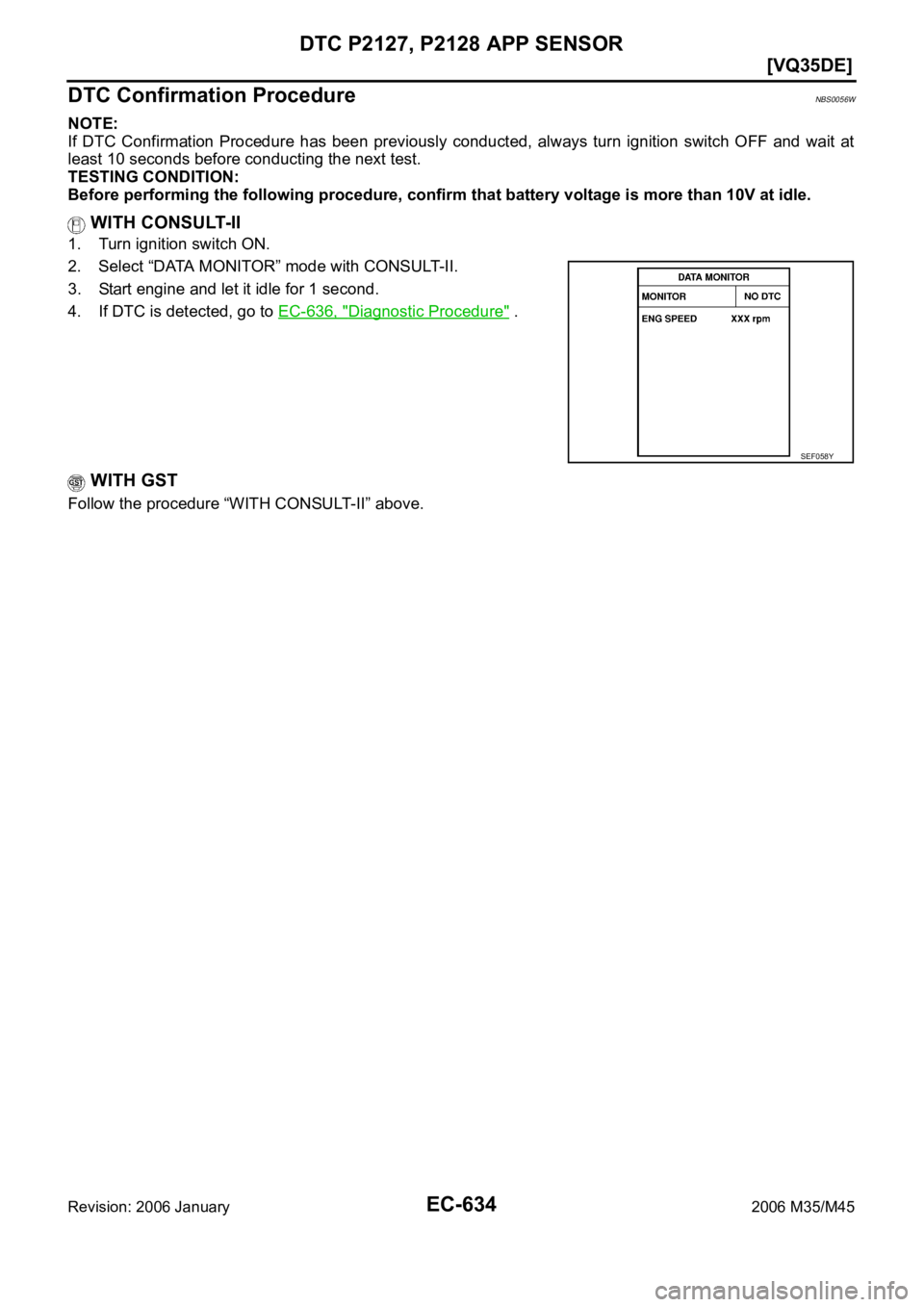 INFINITI M35 2006  Factory Service Manual EC-634
[VQ35DE]
DTC P2127, P2128 APP SENSOR
Revision: 2006 January2006 M35/M45
DTC Confirmation ProcedureNBS0056W
NOTE:
If  DTC  Confirmation  Procedure  has  been  previously  conducted,  always  tur