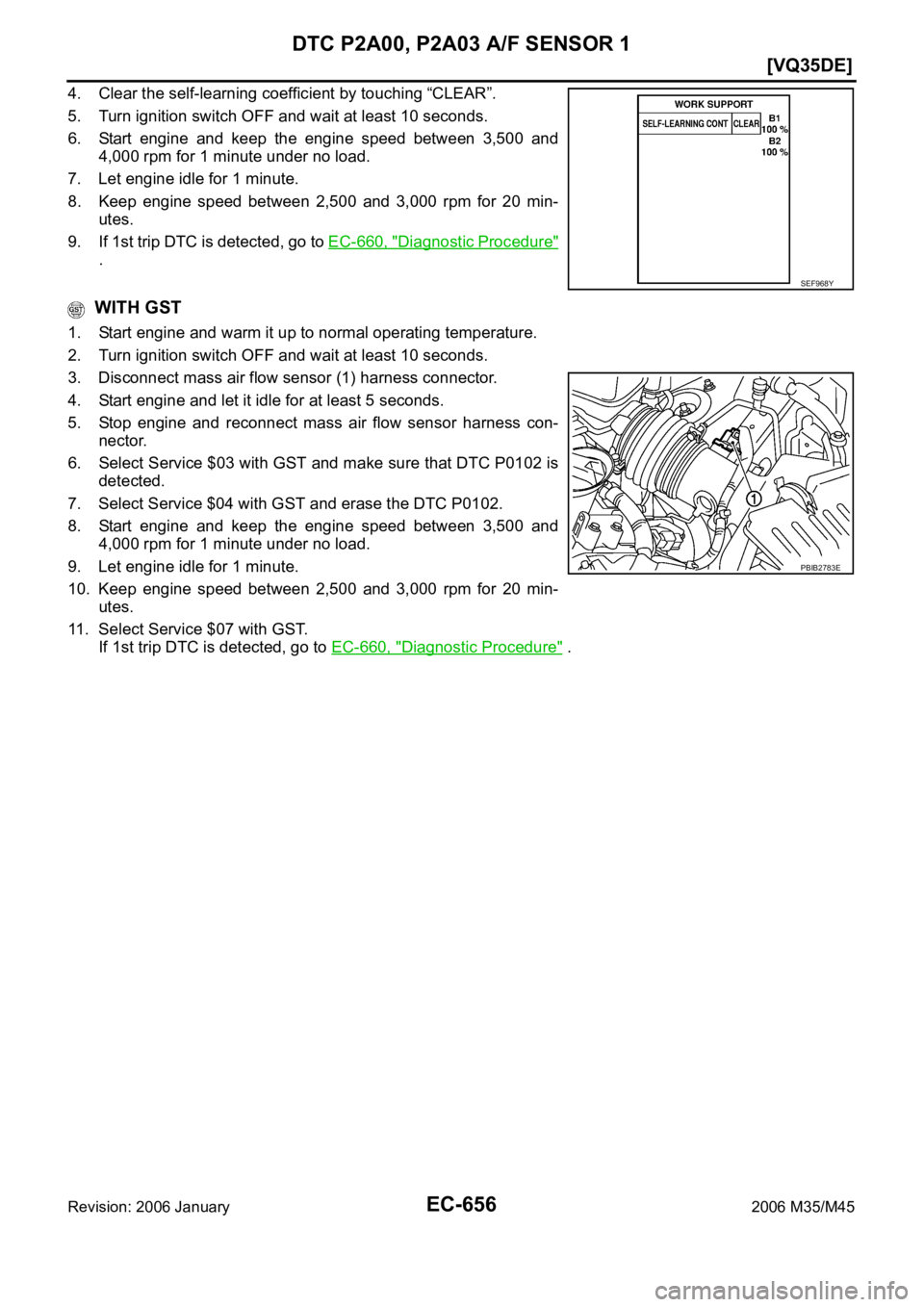 INFINITI M35 2006  Factory Service Manual EC-656
[VQ35DE]
DTC P2A00, P2A03 A/F SENSOR 1
Revision: 2006 January2006 M35/M45
4. Clear the self-learning coefficient by touching “CLEAR”.
5. Turn ignition switch OFF and wait at least 10 second