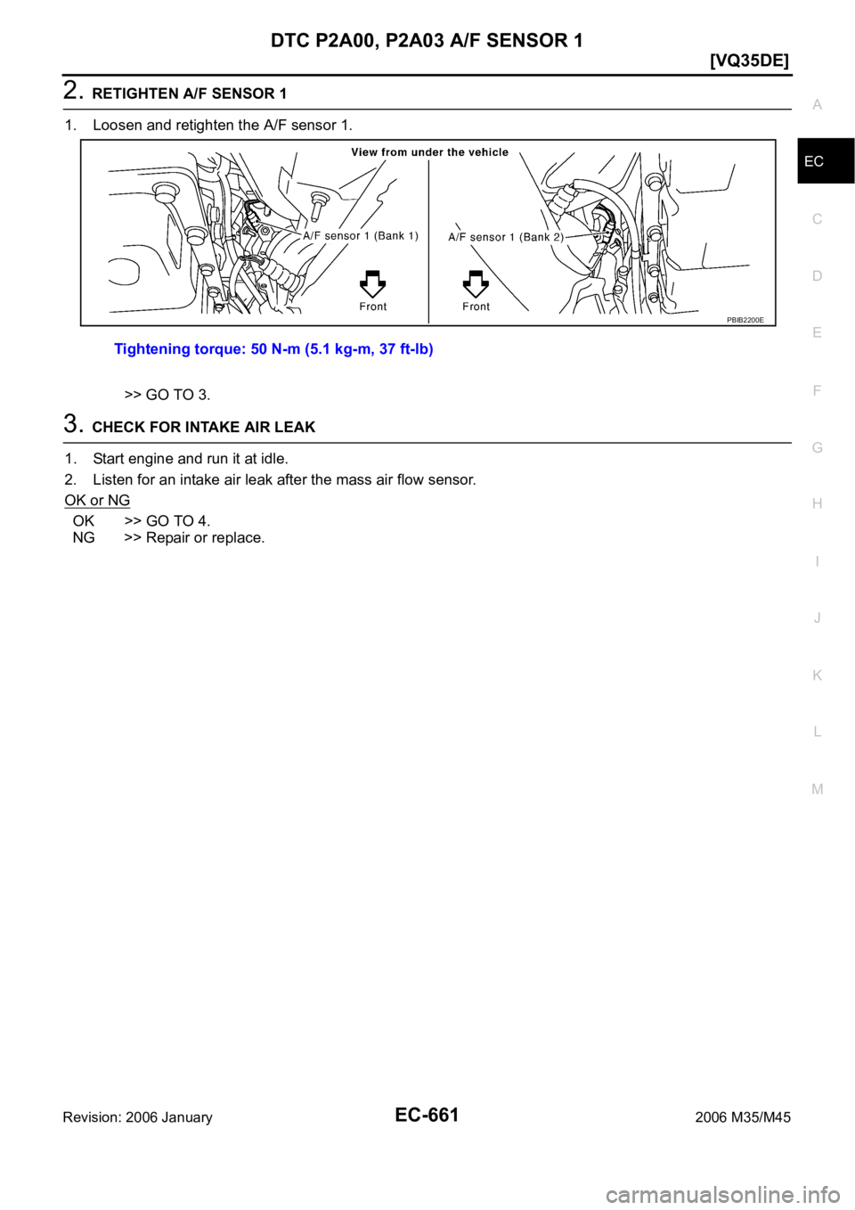 INFINITI M35 2006  Factory Service Manual DTC P2A00, P2A03 A/F SENSOR 1
EC-661
[VQ35DE]
C
D
E
F
G
H
I
J
K
L
MA
EC
Revision: 2006 January2006 M35/M45
2. RETIGHTEN A/F SENSOR 1
1. Loosen and retighten the A/F sensor 1.
>> GO TO 3.
3. CHECK FOR 