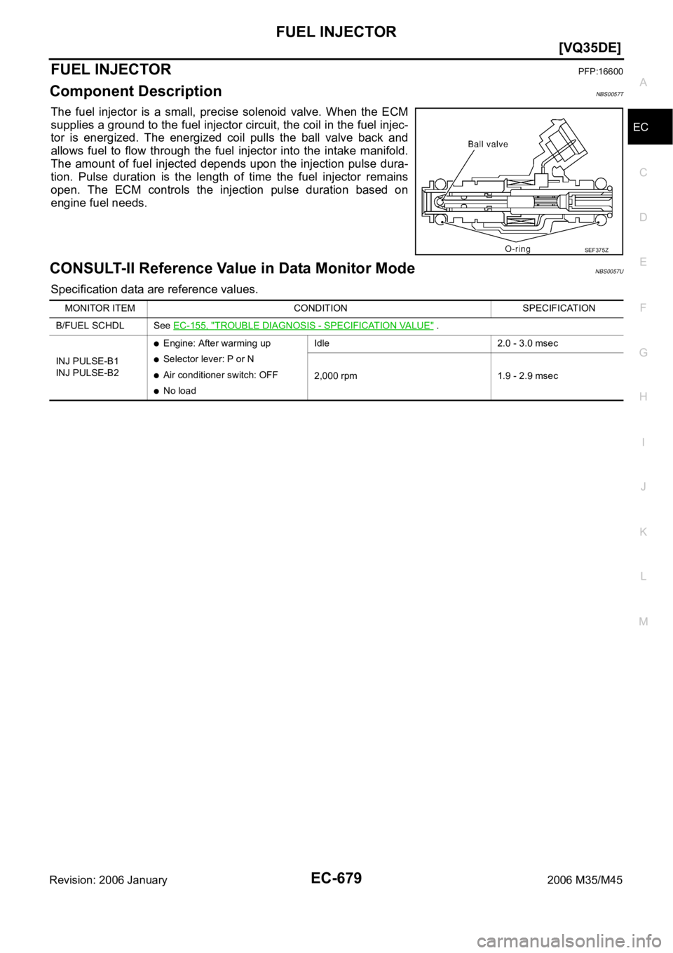 INFINITI M35 2006  Factory Service Manual FUEL INJECTOR
EC-679
[VQ35DE]
C
D
E
F
G
H
I
J
K
L
MA
EC
Revision: 2006 January2006 M35/M45
FUEL INJECTORPFP:16600
Component DescriptionNBS0057T
The  fuel  injector  is  a  small,  precise  solenoid  v