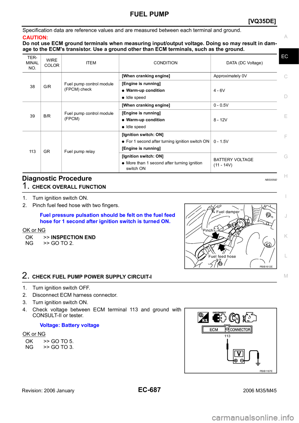 INFINITI M35 2006  Factory Service Manual FUEL PUMP
EC-687
[VQ35DE]
C
D
E
F
G
H
I
J
K
L
MA
EC
Revision: 2006 January2006 M35/M45
Specification data are reference values and are measured between each terminal and ground.
CAUTION:
Do not use EC