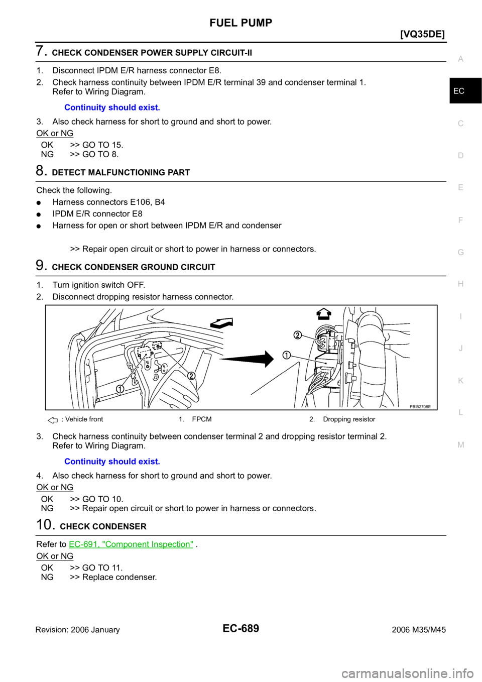 INFINITI M35 2006  Factory Service Manual FUEL PUMP
EC-689
[VQ35DE]
C
D
E
F
G
H
I
J
K
L
MA
EC
Revision: 2006 January2006 M35/M45
7. CHECK CONDENSER POWER SUPPLY CIRCUIT-II
1. Disconnect IPDM E/R harness connector E8.
2. Check harness continui