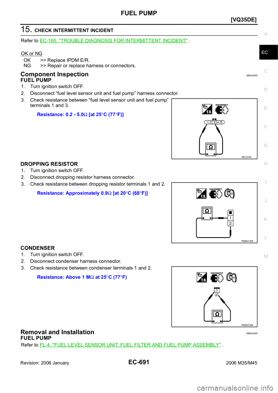 INFINITI M35 2006  Factory Service Manual FUEL PUMP
EC-691
[VQ35DE]
C
D
E
F
G
H
I
J
K
L
MA
EC
Revision: 2006 January2006 M35/M45
15. CHECK INTERMITTENT INCIDENT
Refer to EC-165, "
TROUBLE DIAGNOSIS FOR INTERMITTENT INCIDENT" .
OK or N