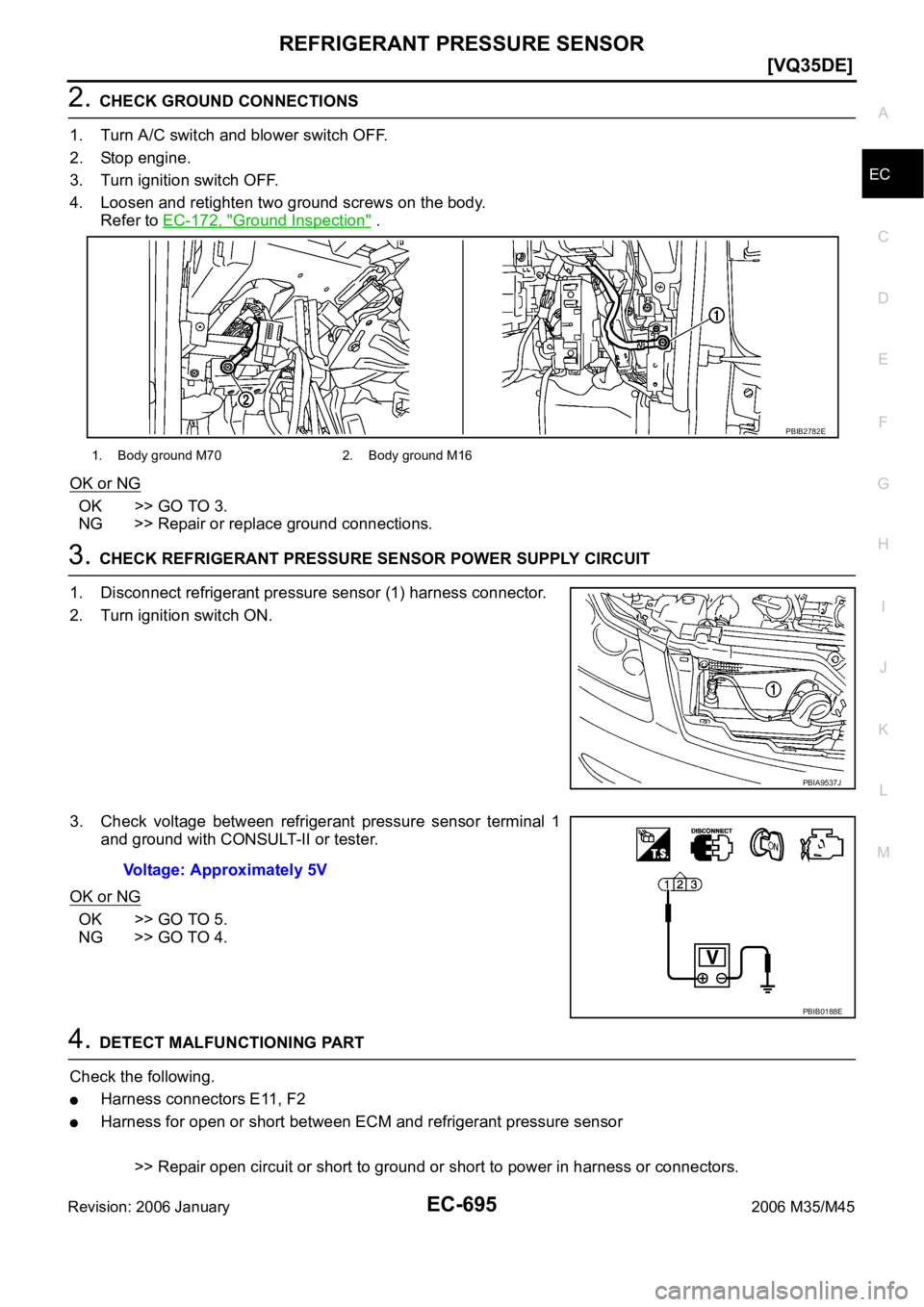 INFINITI M35 2006  Factory Service Manual REFRIGERANT PRESSURE SENSOR
EC-695
[VQ35DE]
C
D
E
F
G
H
I
J
K
L
MA
EC
Revision: 2006 January2006 M35/M45
2. CHECK GROUND CONNECTIONS
1. Turn A/C switch and blower switch OFF.
2. Stop engine.
3. Turn i