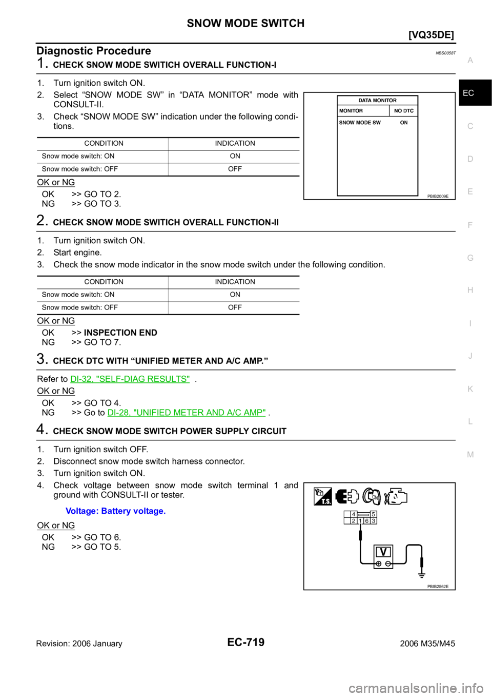 INFINITI M35 2006  Factory Service Manual SNOW MODE SWITCH
EC-719
[VQ35DE]
C
D
E
F
G
H
I
J
K
L
MA
EC
Revision: 2006 January2006 M35/M45
Diagnostic ProcedureNBS0058T
1. CHECK SNOW MODE SWITICH OVERALL FUNCTION-I
1. Turn ignition switch ON.
2. 