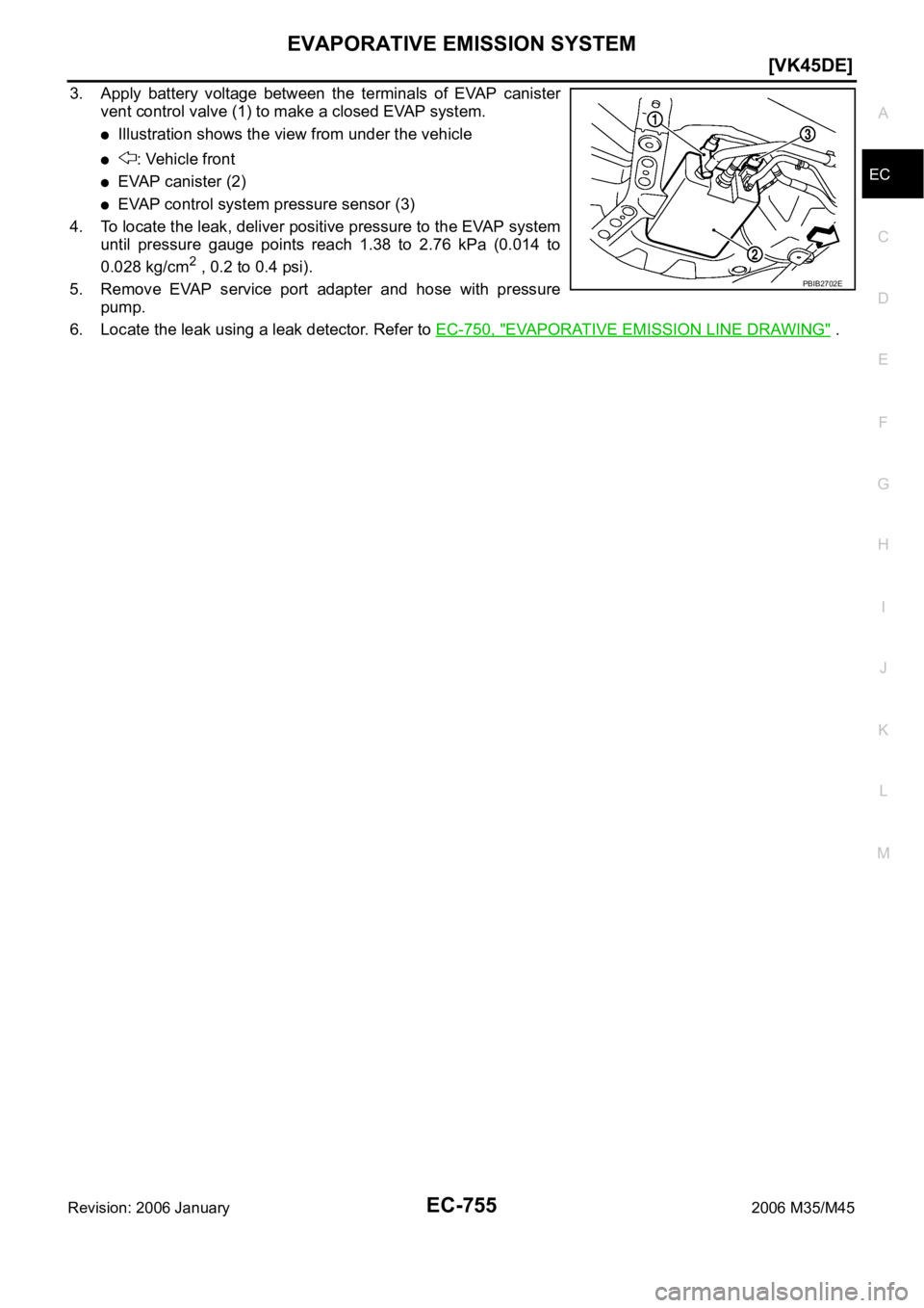 INFINITI M35 2006  Factory Service Manual EVAPORATIVE EMISSION SYSTEM
EC-755
[VK45DE]
C
D
E
F
G
H
I
J
K
L
MA
EC
Revision: 2006 January2006 M35/M45
3. Apply  battery  voltage  between  the  terminals  of  EVAP  canister
vent control valve (1) 