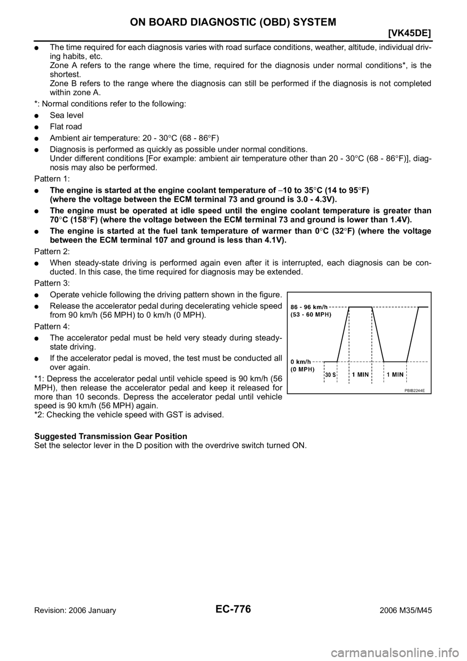 INFINITI M35 2006  Factory Service Manual EC-776
[VK45DE]
ON BOARD DIAGNOSTIC (OBD) SYSTEM
Revision: 2006 January2006 M35/M45
The time required for each diagnosis varies with road surface conditions, weather, altitude, individual driv-
ing ha