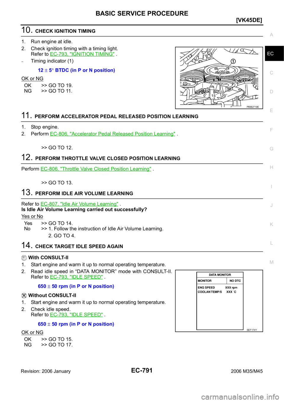 INFINITI M35 2006  Factory Service Manual BASIC SERVICE PROCEDURE
EC-791
[VK45DE]
C
D
E
F
G
H
I
J
K
L
MA
EC
Revision: 2006 January2006 M35/M45
10. CHECK IGNITION TIMING
1. Run engine at idle.
2. Check ignition timing with a timing light.
Refe