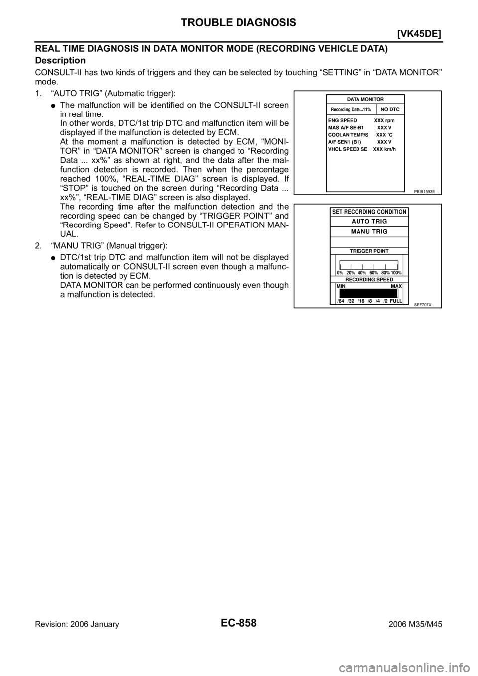 INFINITI M35 2006  Factory Service Manual EC-858
[VK45DE]
TROUBLE DIAGNOSIS
Revision: 2006 January2006 M35/M45
REAL TIME DIAGNOSIS IN DATA MONITOR MODE (RECORDING VEHICLE DATA)
Description
CONSULT-II has two kinds of triggers and they can be 