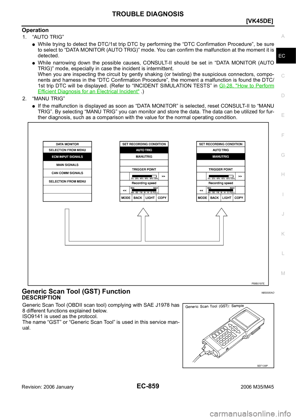 INFINITI M35 2006  Factory Service Manual TROUBLE DIAGNOSIS
EC-859
[VK45DE]
C
D
E
F
G
H
I
J
K
L
MA
EC
Revision: 2006 January2006 M35/M45
Operation
1. “AUTO TRIG”
While trying to detect the DTC/1st trip DTC by performing the “DTC Confirm