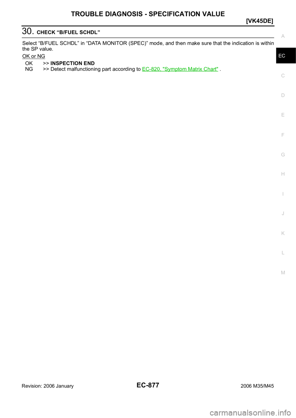 INFINITI M35 2006  Factory Service Manual TROUBLE DIAGNOSIS - SPECIFICATION VALUE
EC-877
[VK45DE]
C
D
E
F
G
H
I
J
K
L
MA
EC
Revision: 2006 January2006 M35/M45
30. CHECK “B/FUEL SCHDL”
Select “B/FUEL SCHDL” in “DATA MONITOR (SPEC)”