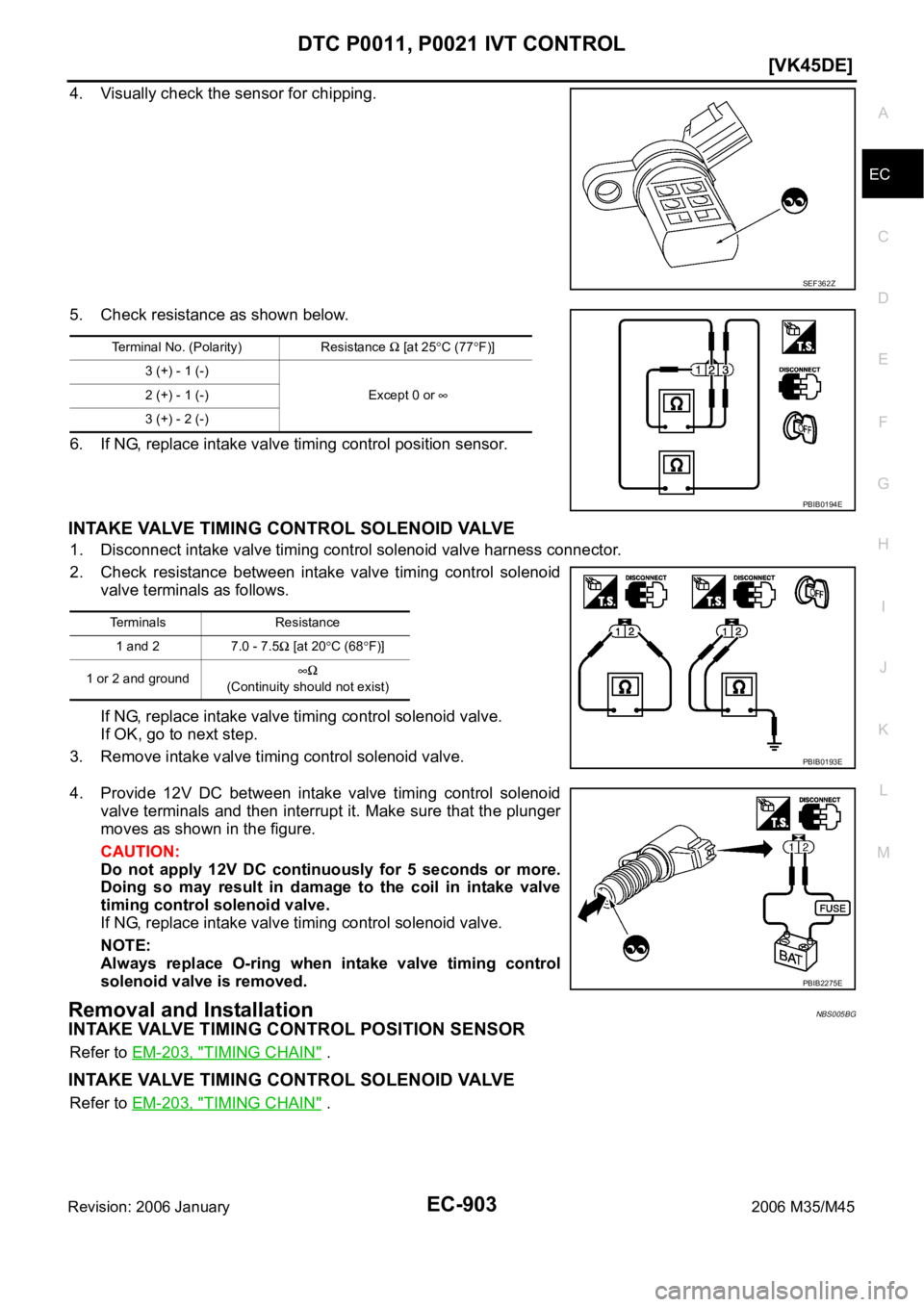 INFINITI M35 2006  Factory Service Manual DTC P0011, P0021 IVT CONTROL
EC-903
[VK45DE]
C
D
E
F
G
H
I
J
K
L
MA
EC
Revision: 2006 January2006 M35/M45
4. Visually check the sensor for chipping.
5. Check resistance as shown below.
6. If NG, repla