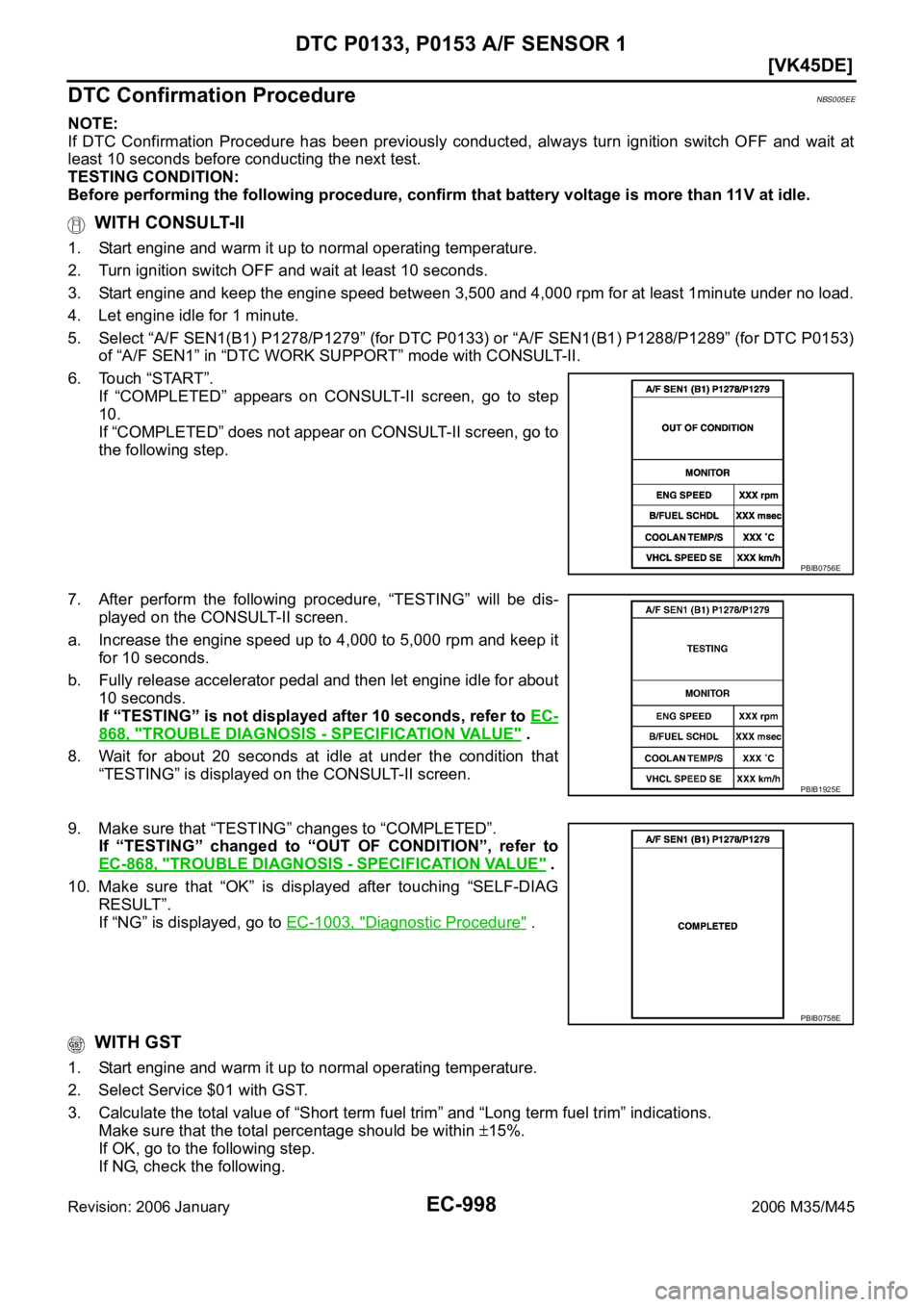 INFINITI M35 2006  Factory Service Manual EC-998
[VK45DE]
DTC P0133, P0153 A/F SENSOR 1
Revision: 2006 January2006 M35/M45
DTC Confirmation ProcedureNBS005EE
NOTE:
If  DTC  Confirmation  Procedure  has  been  previously  conducted,  always  t