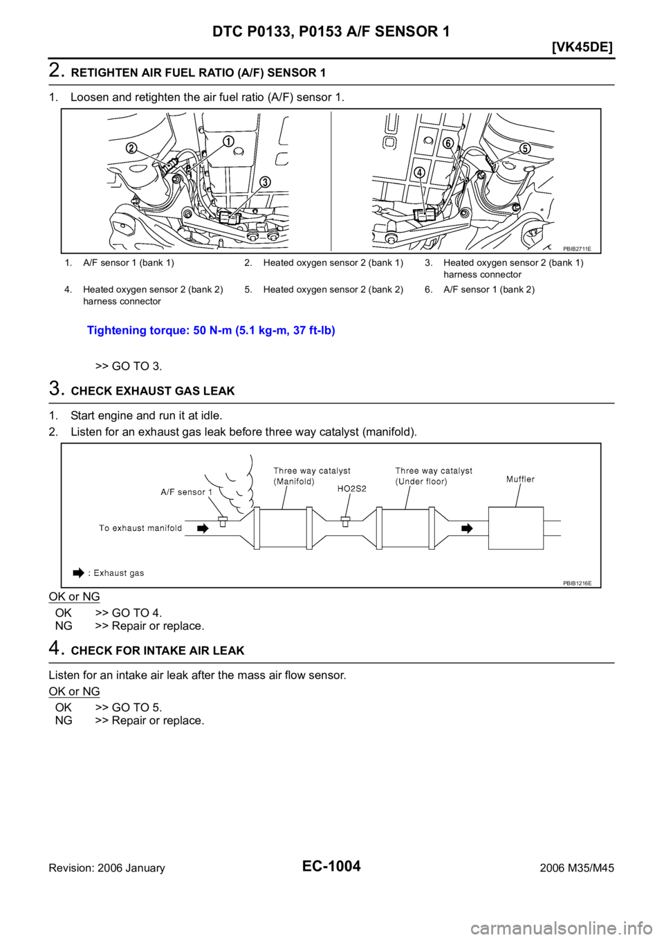 INFINITI M35 2006  Factory Service Manual EC-1004
[VK45DE]
DTC P0133, P0153 A/F SENSOR 1
Revision: 2006 January2006 M35/M45
2. RETIGHTEN AIR FUEL RATIO (A/F) SENSOR 1
1. Loosen and retighten the air fuel ratio (A/F) sensor 1.
>> GO TO 3.
3. C