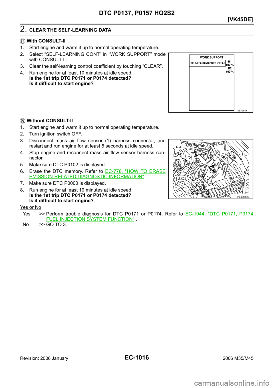 INFINITI M35 2006  Factory Service Manual EC-1016
[VK45DE]
DTC P0137, P0157 HO2S2
Revision: 2006 January2006 M35/M45
2. CLEAR THE SELF-LEARNING DATA
 With CONSULT-II
1. Start engine and warm it up to normal operating temperature.
2. Select  