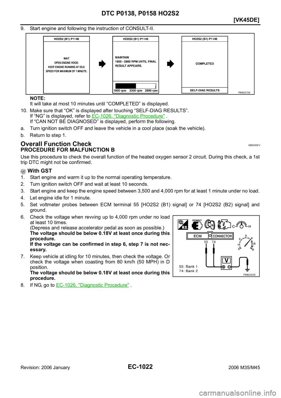 INFINITI M35 2006  Factory Service Manual EC-1022
[VK45DE]
DTC P0138, P0158 HO2S2
Revision: 2006 January2006 M35/M45
9. Start engine and following the instruction of CONSULT-II.
NOTE:
It will take at most 10 minutes until “COMPLETED” is d
