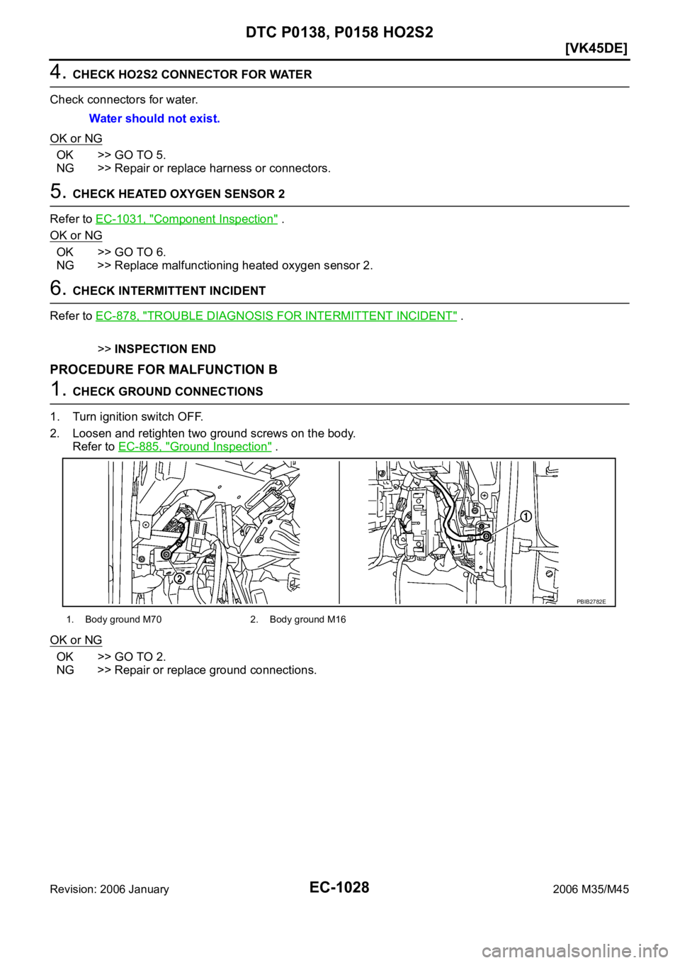 INFINITI M35 2006  Factory Service Manual EC-1028
[VK45DE]
DTC P0138, P0158 HO2S2
Revision: 2006 January2006 M35/M45
4. CHECK HO2S2 CONNECTOR FOR WATER
Check connectors for water.
OK or NG
OK >> GO TO 5.
NG >> Repair or replace harness or con