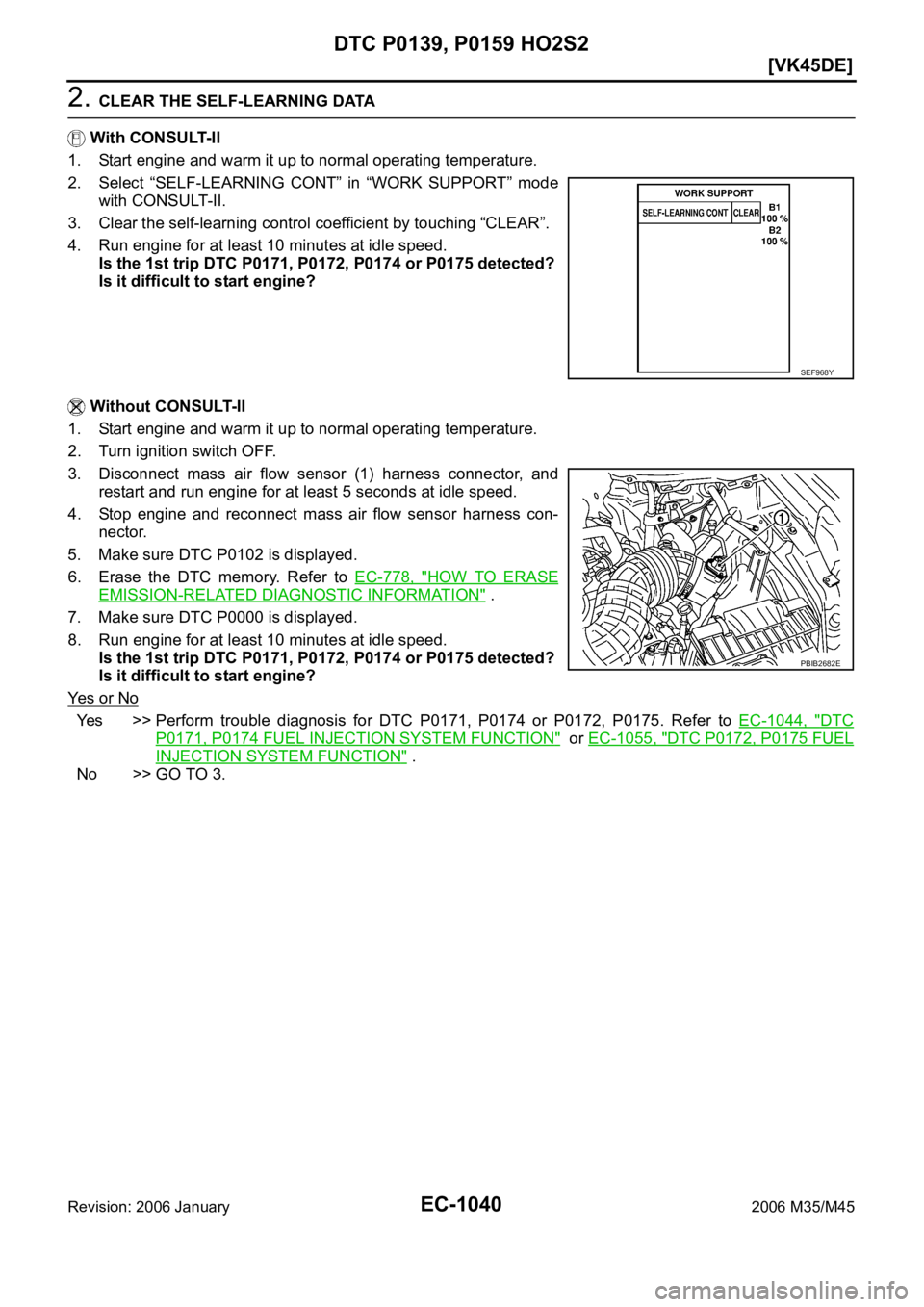 INFINITI M35 2006  Factory Service Manual EC-1040
[VK45DE]
DTC P0139, P0159 HO2S2
Revision: 2006 January2006 M35/M45
2. CLEAR THE SELF-LEARNING DATA
 With CONSULT-II
1. Start engine and warm it up to normal operating temperature.
2. Select  