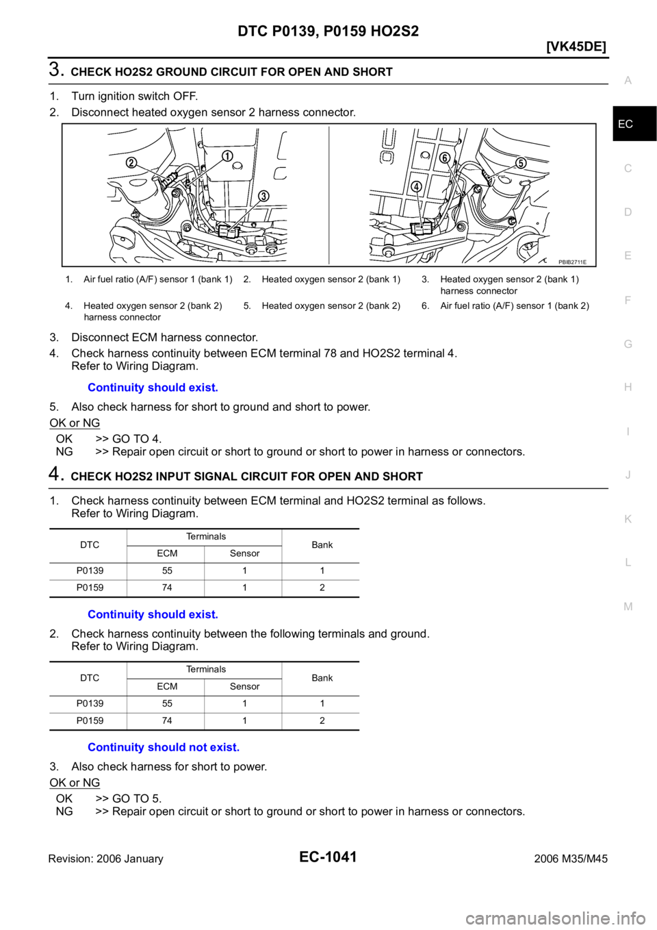 INFINITI M35 2006  Factory Service Manual DTC P0139, P0159 HO2S2
EC-1041
[VK45DE]
C
D
E
F
G
H
I
J
K
L
MA
EC
Revision: 2006 January2006 M35/M45
3. CHECK HO2S2 GROUND CIRCUIT FOR OPEN AND SHORT
1. Turn ignition switch OFF.
2. Disconnect heated 