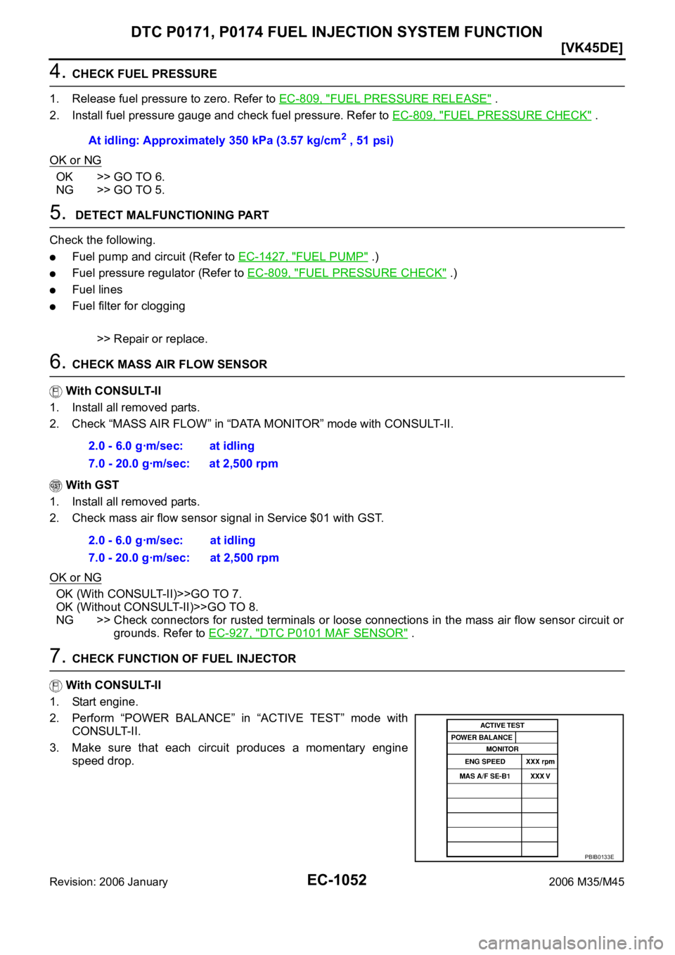 INFINITI M35 2006  Factory Service Manual EC-1052
[VK45DE]
DTC P0171, P0174 FUEL INJECTION SYSTEM FUNCTION
Revision: 2006 January2006 M35/M45
4. CHECK FUEL PRESSURE
1. Release fuel pressure to zero. Refer to EC-809, "
FUEL PRESSURE RELEAS