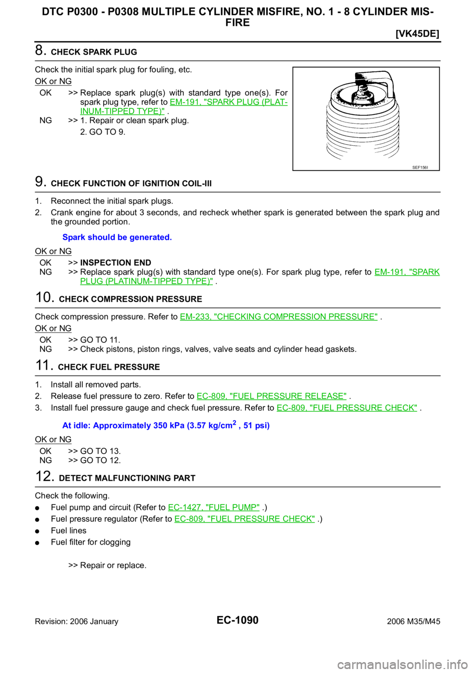 INFINITI M35 2006  Factory Service Manual EC-1090
[VK45DE]
DTC P0300 - P0308 MULTIPLE CYLINDER MISFIRE, NO. 1 - 8 CYLINDER MIS-
FIRE
Revision: 2006 January2006 M35/M45
8. CHECK SPARK PLUG
Check the initial spark plug for fouling, etc.
OK or N