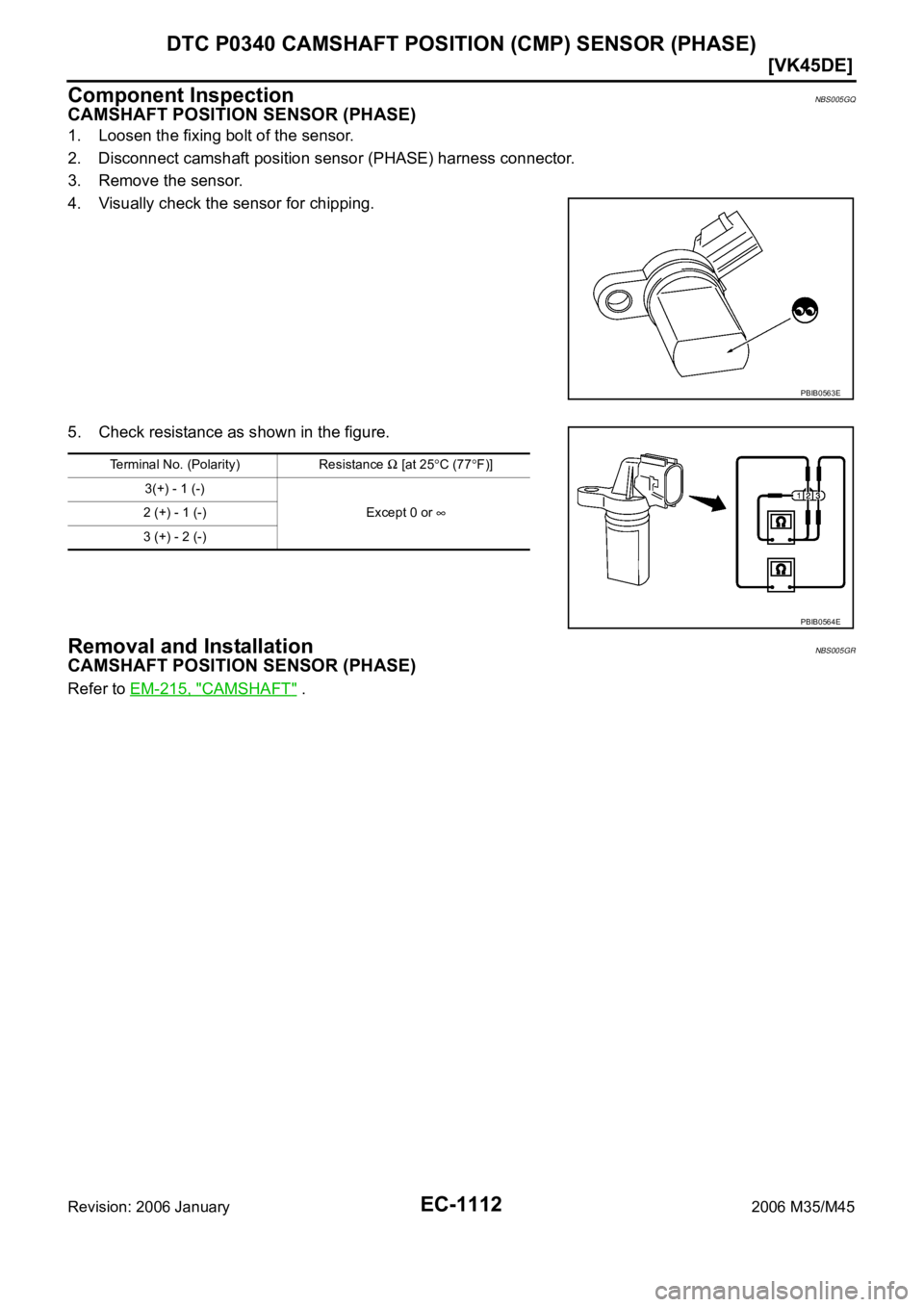 INFINITI M35 2006  Factory Service Manual EC-1112
[VK45DE]
DTC P0340 CAMSHAFT POSITION (CMP) SENSOR (PHASE)
Revision: 2006 January2006 M35/M45
Component InspectionNBS005GQ
CAMSHAFT POSITION SENSOR (PHASE)
1. Loosen the fixing bolt of the sens