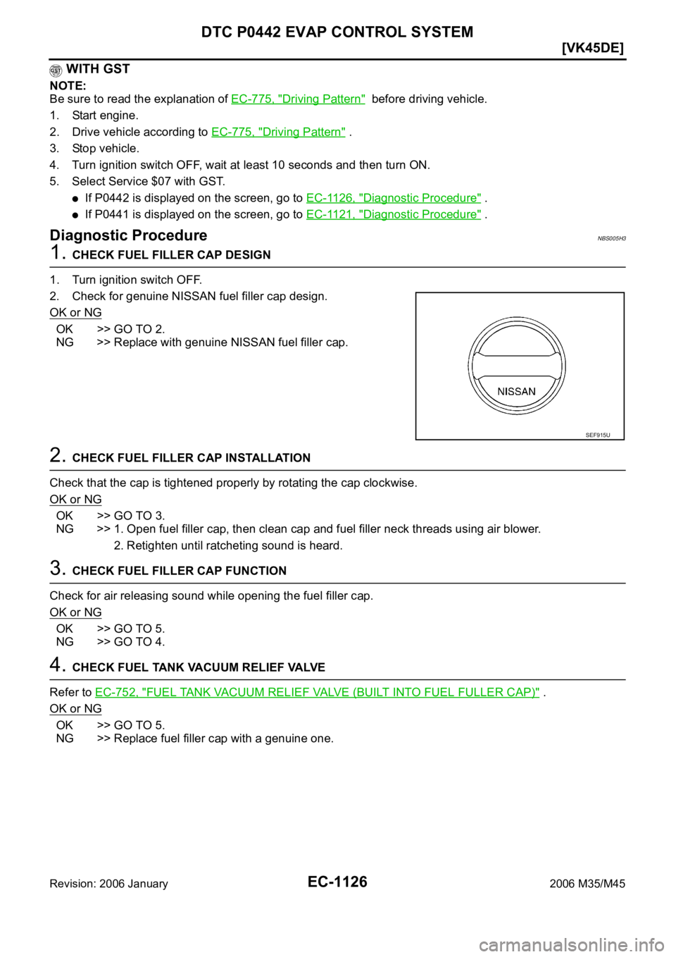 INFINITI M35 2006  Factory Service Manual EC-1126
[VK45DE]
DTC P0442 EVAP CONTROL SYSTEM
Revision: 2006 January2006 M35/M45
 WITH GST
NOTE:
Be sure to read the explanation of EC-775, "
Driving Pattern"  before driving vehicle.
1. Star
