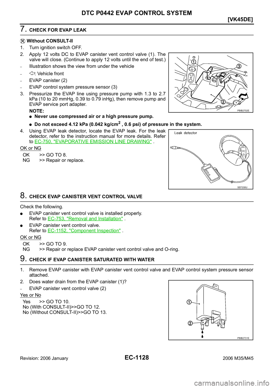 INFINITI M35 2006  Factory Service Manual EC-1128
[VK45DE]
DTC P0442 EVAP CONTROL SYSTEM
Revision: 2006 January2006 M35/M45
7. CHECK FOR EVAP LEAK
 Without CONSULT-II
1. Turn ignition switch OFF.
2. Apply  12  volts  DC  to  EVAP  canister  v