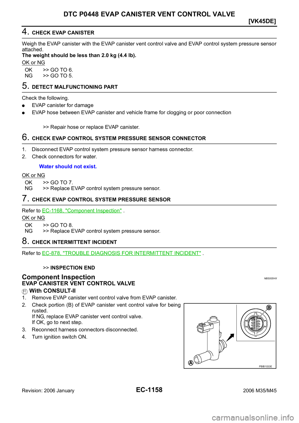 INFINITI M35 2006  Factory Service Manual EC-1158
[VK45DE]
DTC P0448 EVAP CANISTER VENT CONTROL VALVE
Revision: 2006 January2006 M35/M45
4. CHECK EVAP CANISTER
Weigh the EVAP canister with the EVAP canister vent control valve and EVAP control
