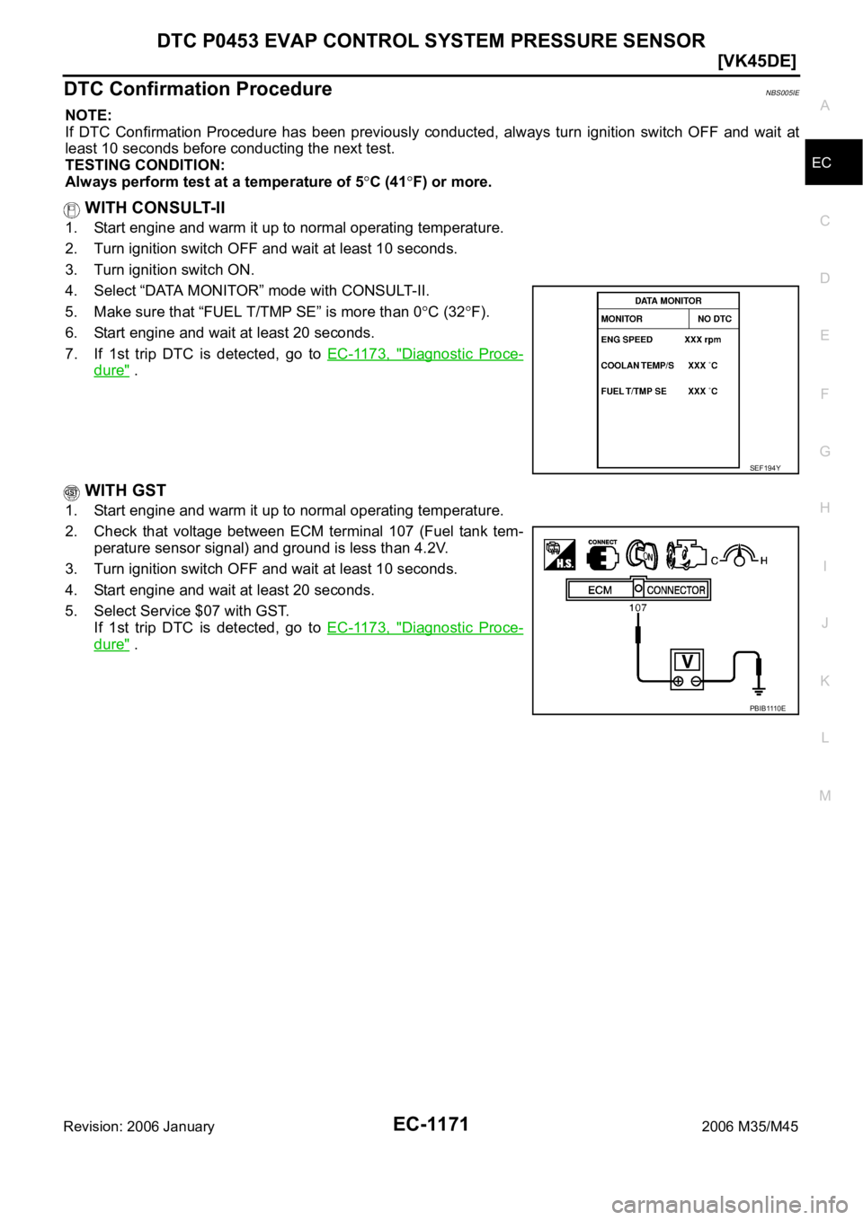 INFINITI M35 2006  Factory Service Manual DTC P0453 EVAP CONTROL SYSTEM PRESSURE SENSOR
EC-1171
[VK45DE]
C
D
E
F
G
H
I
J
K
L
MA
EC
Revision: 2006 January2006 M35/M45
DTC Confirmation ProcedureNBS005IE
NOTE:
If  DTC  Confirmation  Procedure  h