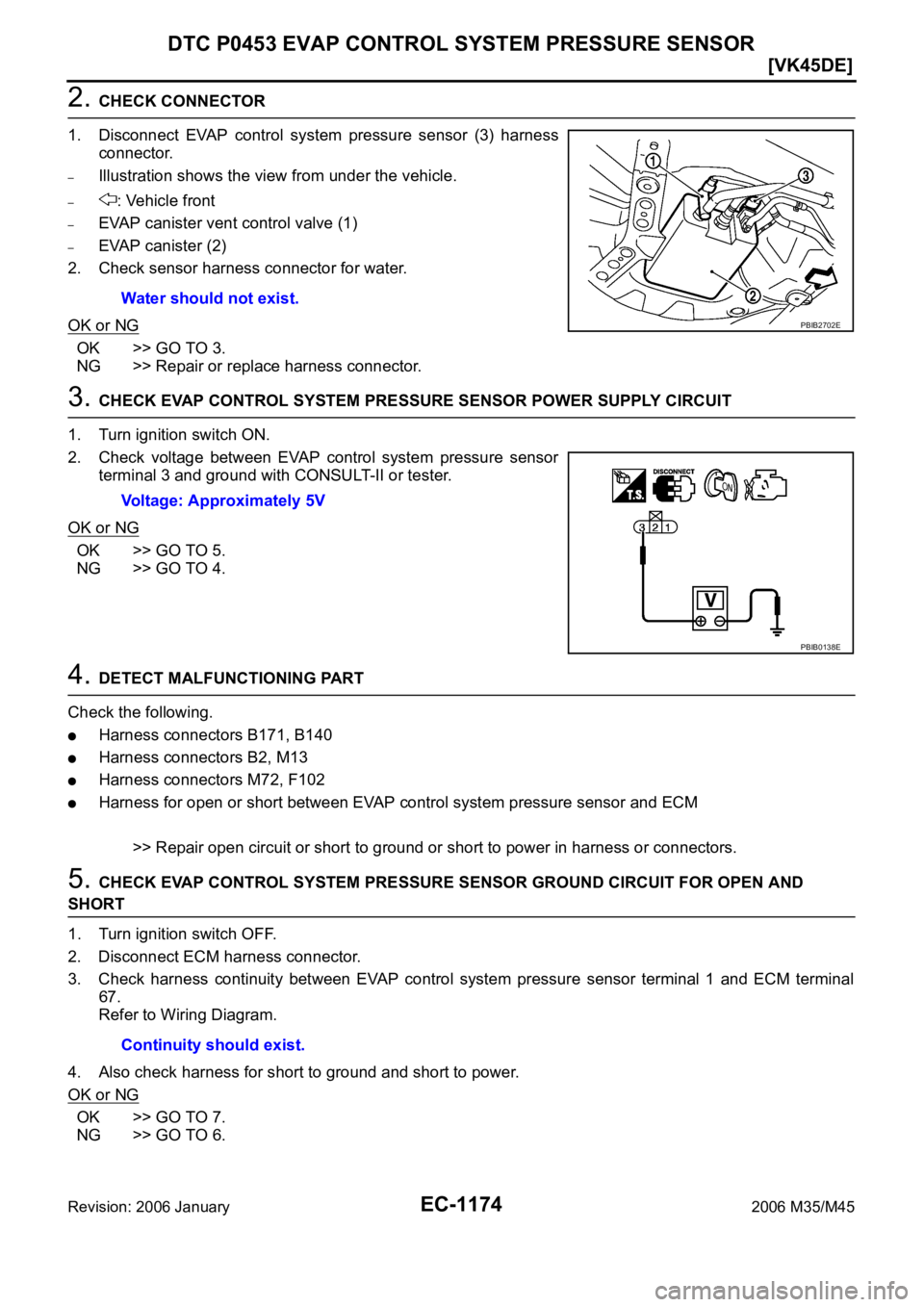 INFINITI M35 2006  Factory Service Manual EC-1174
[VK45DE]
DTC P0453 EVAP CONTROL SYSTEM PRESSURE SENSOR
Revision: 2006 January2006 M35/M45
2. CHECK CONNECTOR
1. Disconnect  EVAP  control  system  pressure  sensor  (3)  harness
connector.
–