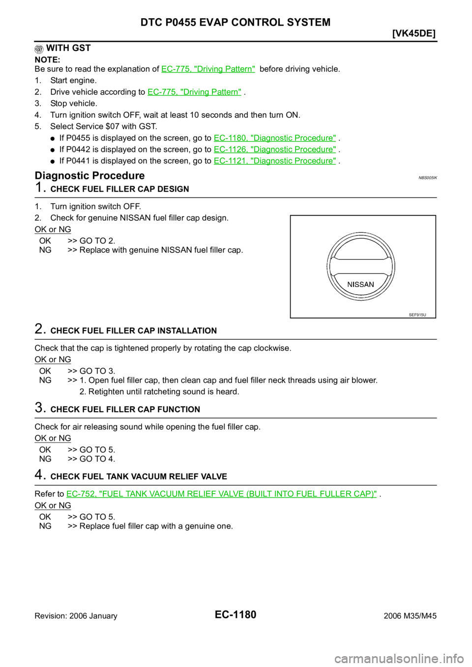 INFINITI M35 2006  Factory Service Manual EC-1180
[VK45DE]
DTC P0455 EVAP CONTROL SYSTEM
Revision: 2006 January2006 M35/M45
 WITH GST
NOTE:
Be sure to read the explanation of EC-775, "
Driving Pattern"  before driving vehicle.
1. Star