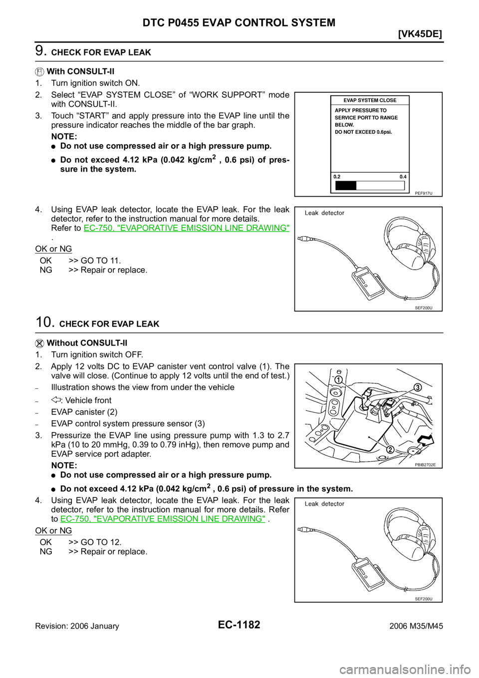 INFINITI M35 2006  Factory Service Manual EC-1182
[VK45DE]
DTC P0455 EVAP CONTROL SYSTEM
Revision: 2006 January2006 M35/M45
9. CHECK FOR EVAP LEAK
 With CONSULT-II
1. Turn ignition switch ON.
2. Select  “EVAP  SYSTEM  CLOSE”  of  “WORK 