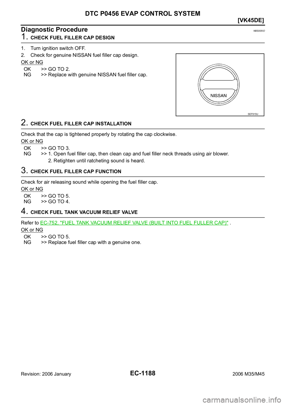 INFINITI M35 2006  Factory Service Manual EC-1188
[VK45DE]
DTC P0456 EVAP CONTROL SYSTEM
Revision: 2006 January2006 M35/M45
Diagnostic ProcedureNBS005IO
1. CHECK FUEL FILLER CAP DESIGN
1. Turn ignition switch OFF.
2. Check for genuine NISSAN 