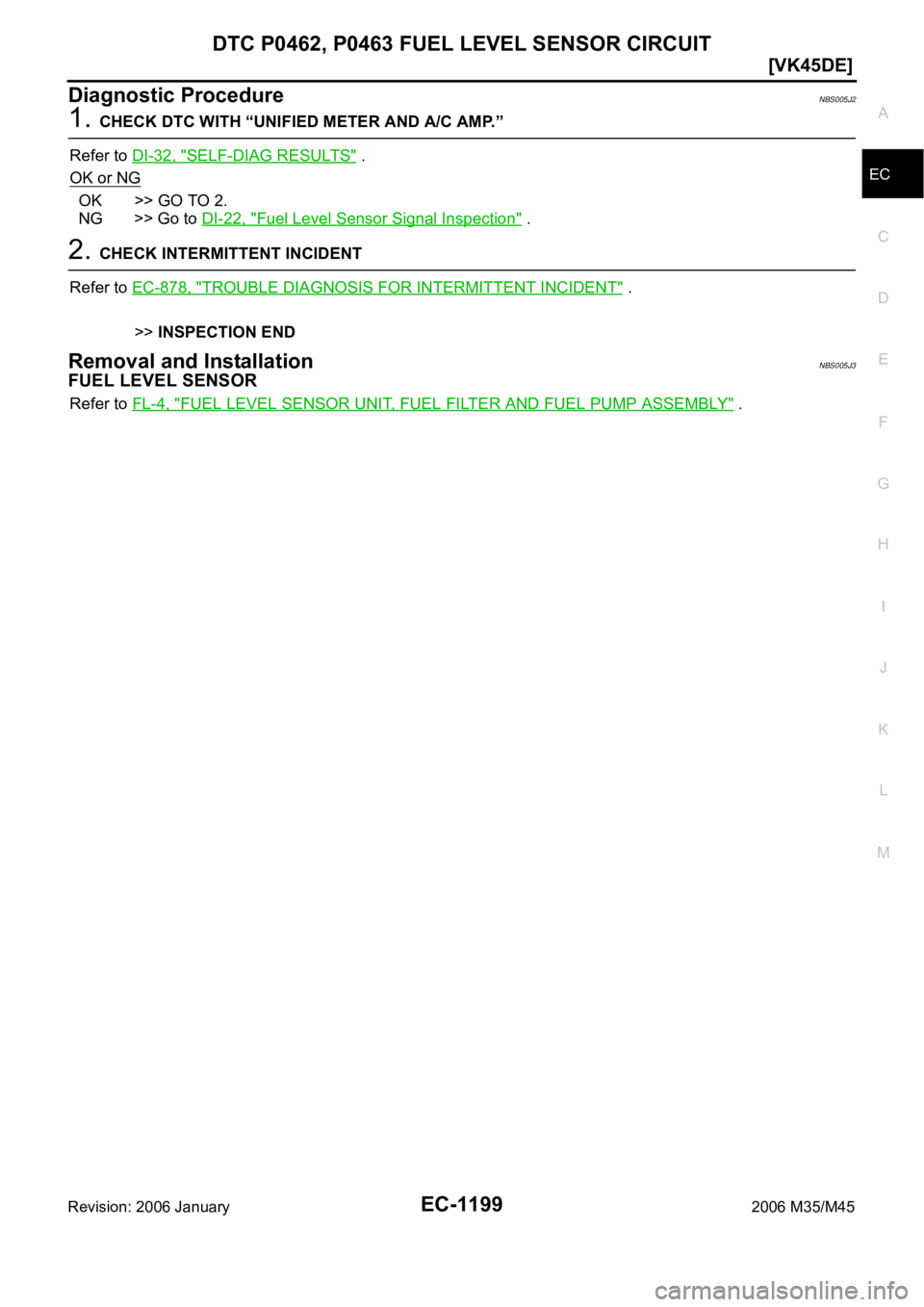 INFINITI M35 2006  Factory Service Manual DTC P0462, P0463 FUEL LEVEL SENSOR CIRCUIT
EC-1199
[VK45DE]
C
D
E
F
G
H
I
J
K
L
MA
EC
Revision: 2006 January2006 M35/M45
Diagnostic ProcedureNBS005J2
1. CHECK DTC WITH “UNIFIED METER AND A/C AMP.”