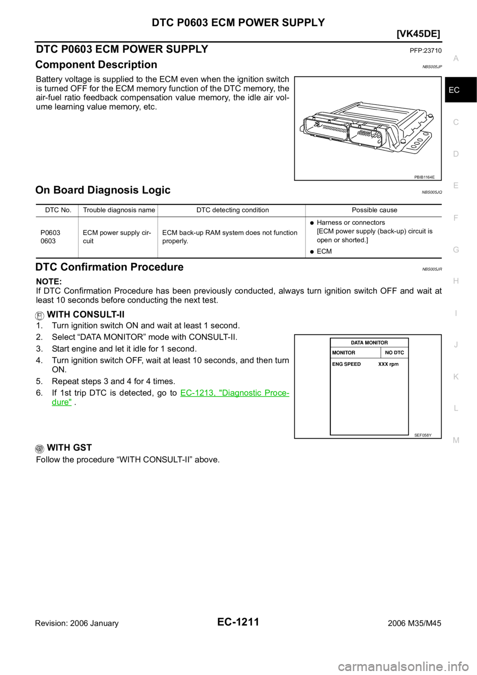 INFINITI M35 2006  Factory Service Manual DTC P0603 ECM POWER SUPPLY
EC-1211
[VK45DE]
C
D
E
F
G
H
I
J
K
L
MA
EC
Revision: 2006 January2006 M35/M45
DTC P0603 ECM POWER SUPPLYPFP:23710
Component DescriptionNBS005JP
Battery voltage is supplied t